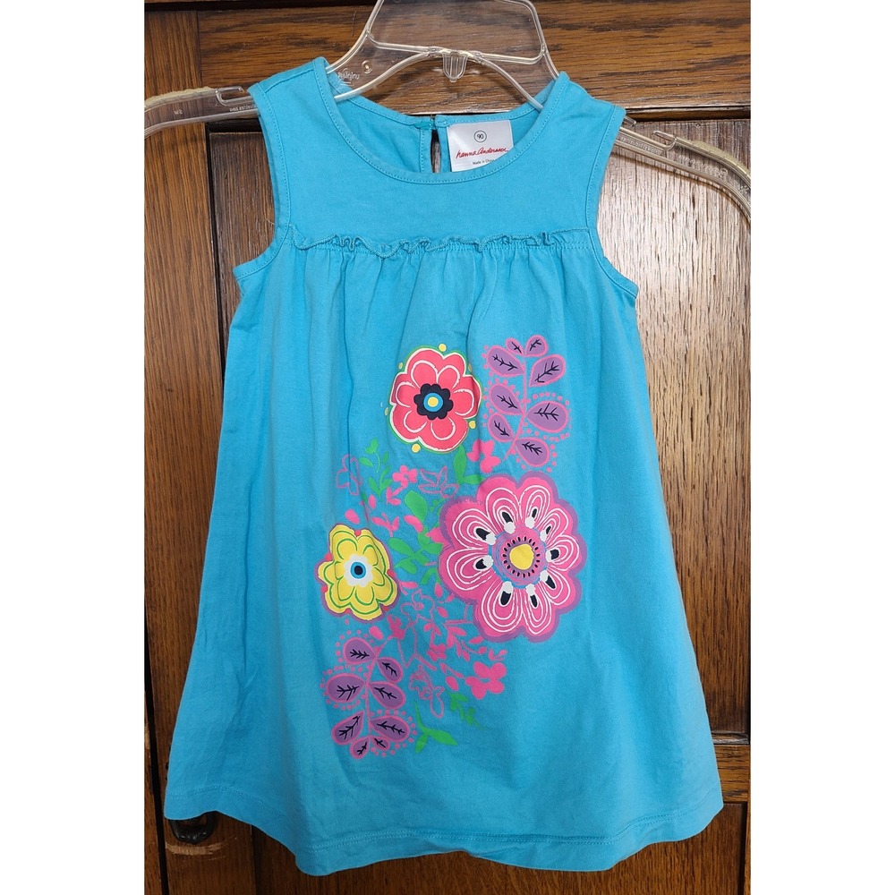 Hanna Andersson Girls Blue Floral Sleeveless Cotton Dress Size 90 3T 37451